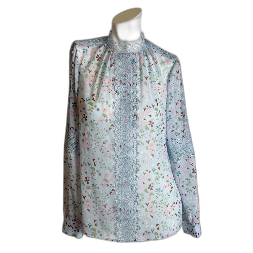 Ted Baker London Light Blue Floral Lace Blouse Sheer Coquette Cottagecore Size 2